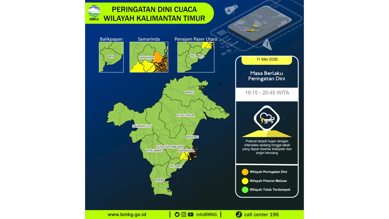 Prakiraan Cuaca Kaltim, 11 Mei 2026: Sejumlah Wilayah Berpotensi Hujan Lebat Disertai Petir dan Angin Kencang