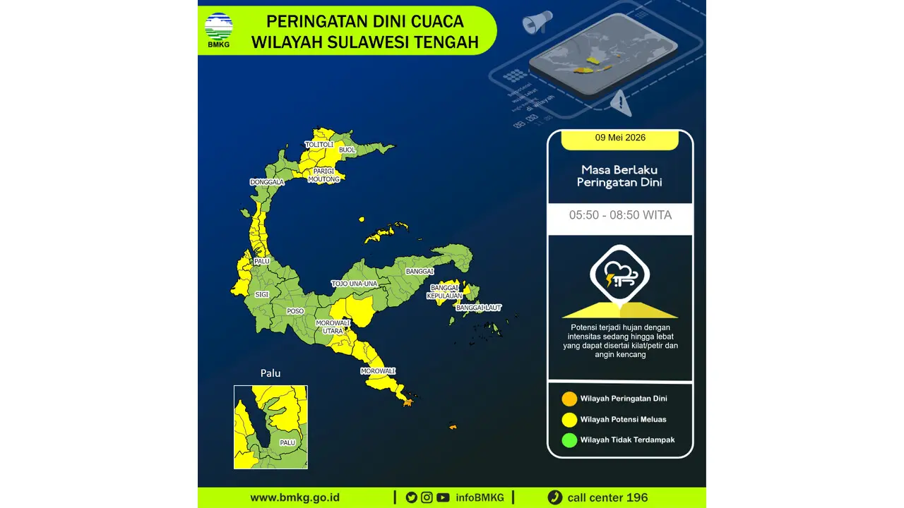Prakiraan Cuaca Sulteng, 9 Mei 2026: Sejumlah Wilayah Berpotensi Hujan Lebat Disertai Petir dan Angin Kencang