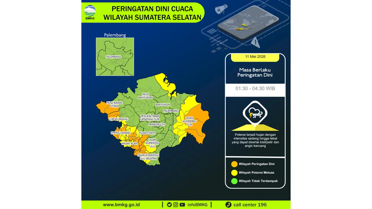 Prakiraan Cuaca Sumsel, 11 Mei 2026: Sejumlah Wilayah Berpotensi Hujan Lebat Disertai Petir dan Angin Kencang