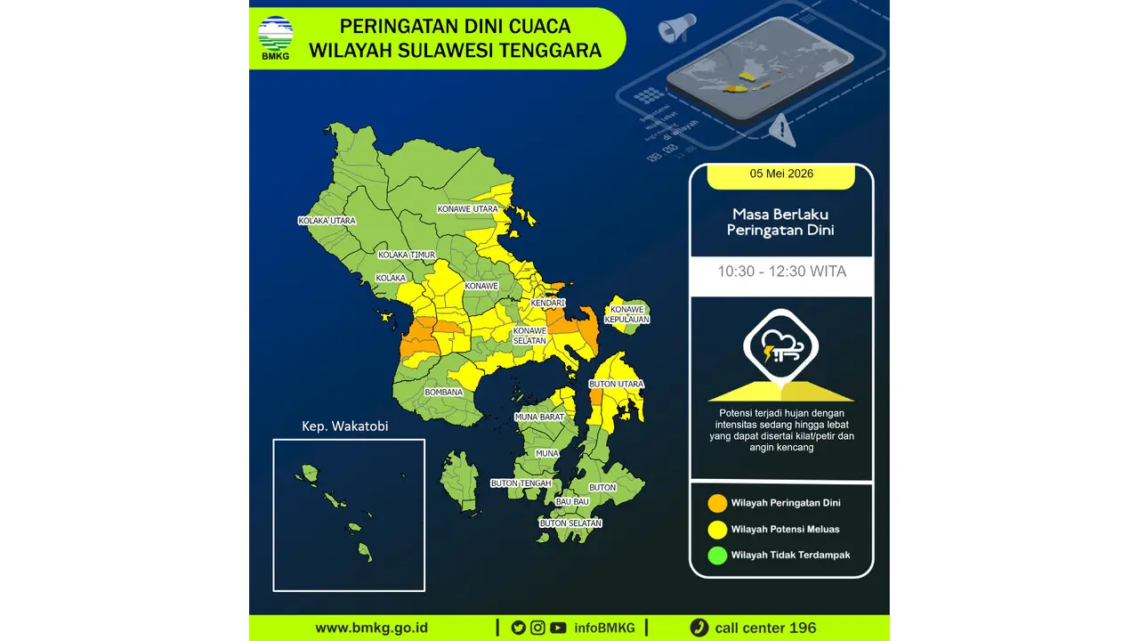 Prakiraan Cuaca Sultra, 5 Mei 2026: Sejumlah Wilayah Berpotensi Hujan Lebat Disertai Petir dan Angin Kencang