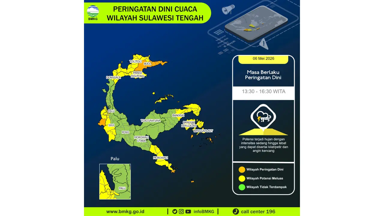 Prakiraan Cuaca Sulteng, 6 Mei 2026: Sejumlah Wilayah Berpotensi Hujan Lebat Disertai Petir dan Angin Kencang
