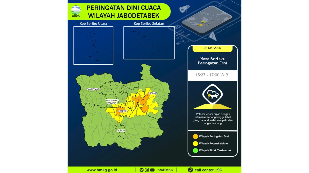 Prakiraan Cuaca Jabodetabek, 8 Mei 2026: Sejumlah Wilayah Berpotensi Hujan Lebat Disertai Petir dan Angin Kencang