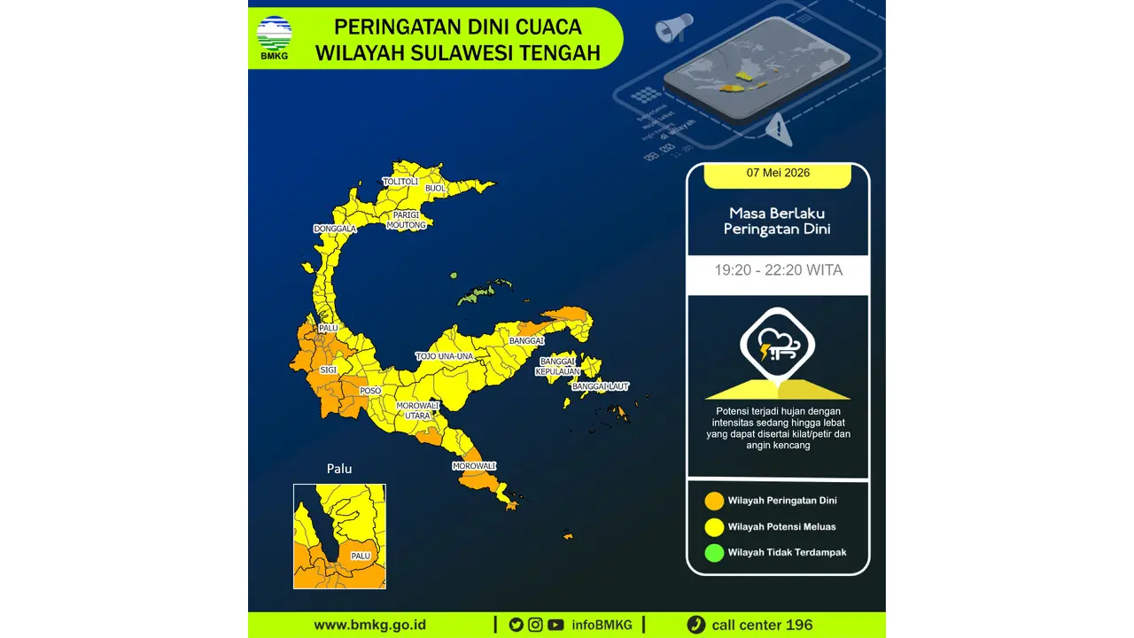 Prakiraan Cuaca Sulteng, 7 Mei 2026: Sejumlah Wilayah Berpotensi Hujan Lebat Disertai Petir dan Angin Kencang