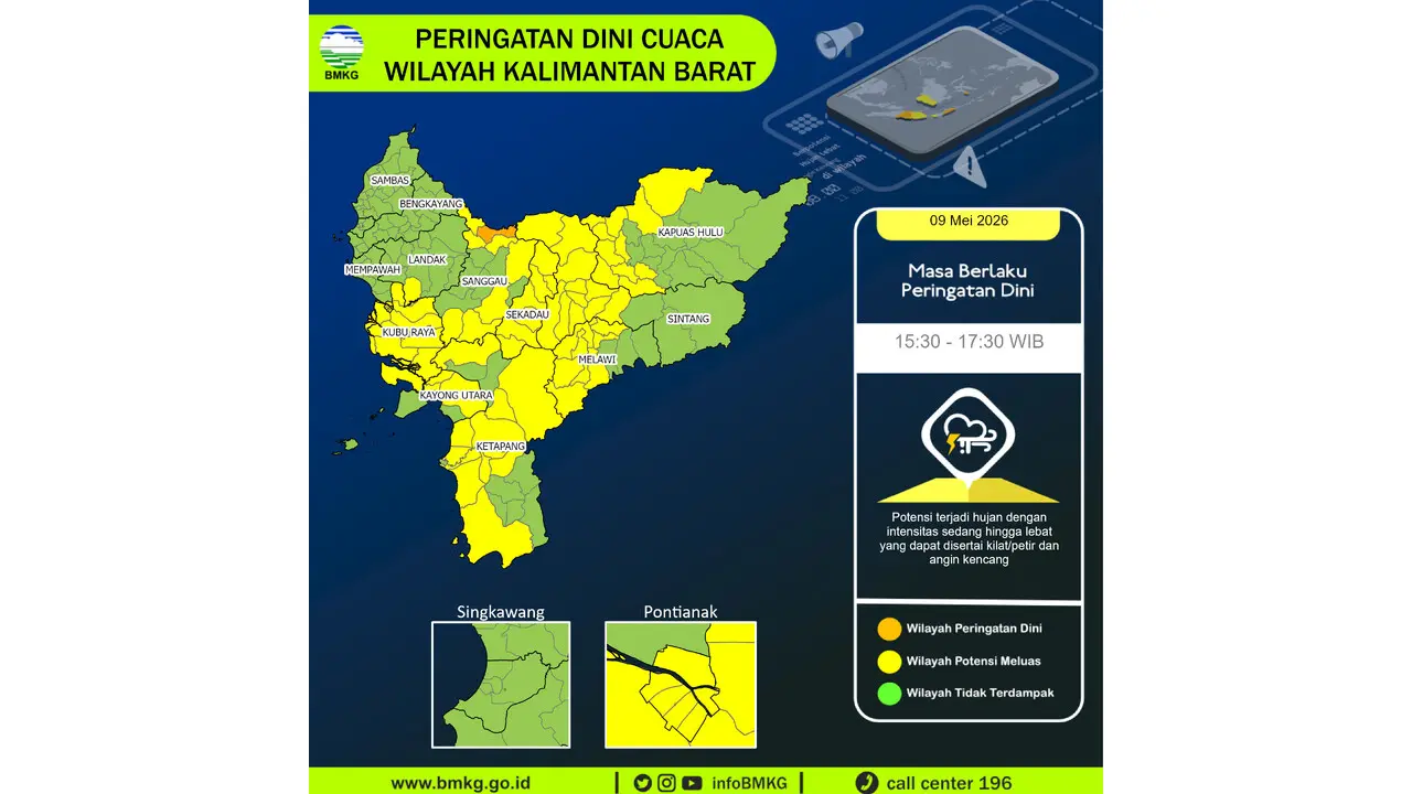 Prakiraan Cuaca Kalbar, 9 Mei 2026: Sejumlah Wilayah Berpotensi Hujan Lebat Disertai Petir dan Angin Kencang