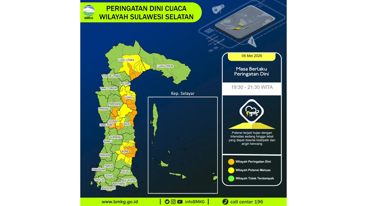 Prakiraan Cuaca Sulsel, 6 Mei 2026: Sejumlah Wilayah Berpotensi Hujan Lebat Disertai Petir dan Angin Kencang