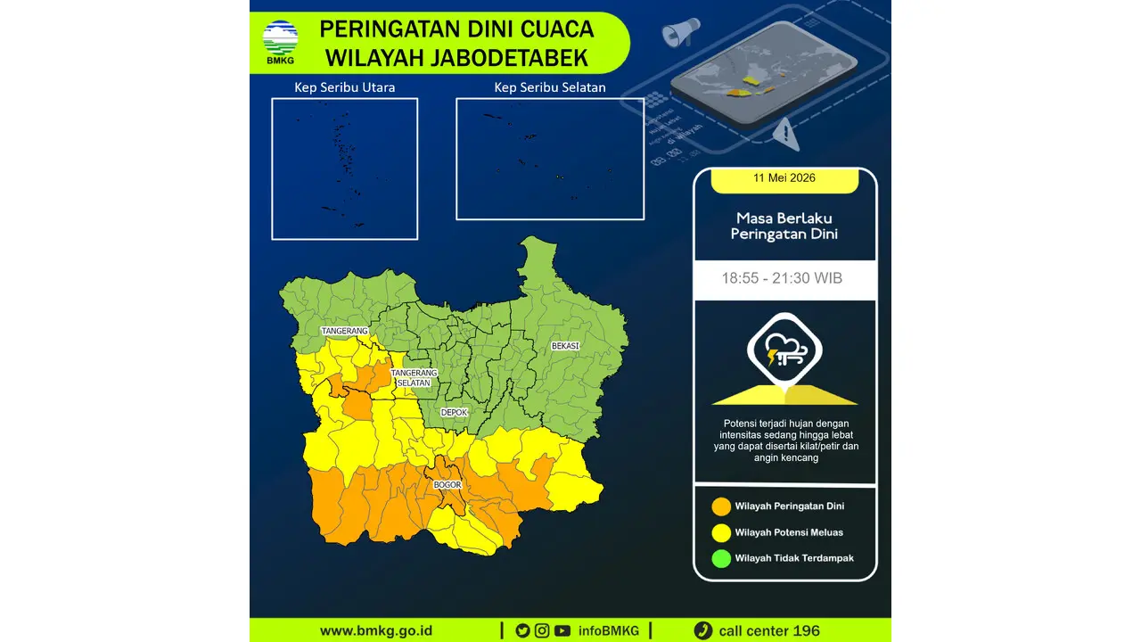 Prakiraan Cuaca Jabodetabek, 11 Mei 2026: Sejumlah Wilayah Berpotensi Hujan Lebat Disertai Petir dan Angin Kencang
