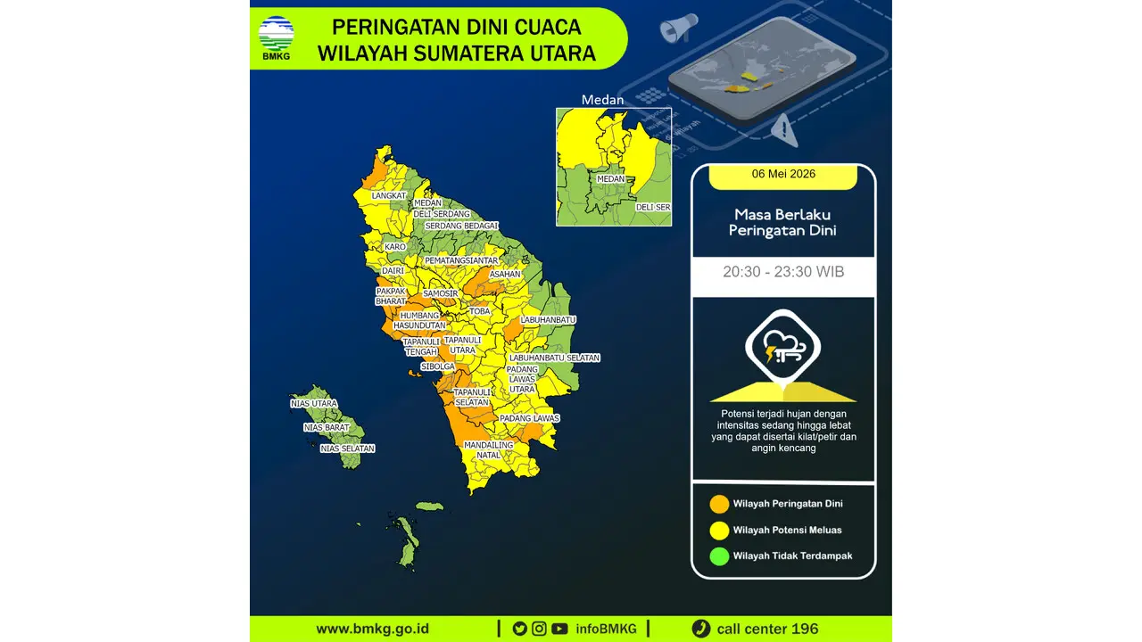 Prakiraan Cuaca Sumut, 6 Mei 2026: Sejumlah Wilayah Berpotensi Hujan Lebat Disertai Petir dan Angin Kencang