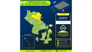 Prakiraan Cuaca Sultra, 7 Mei 2026: Sejumlah Wilayah Berpotensi Hujan Lebat Disertai Petir dan Angin Kencang