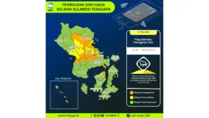 Prakiraan Cuaca Sultra, 7 Mei 2026: Sejumlah Wilayah Berpotensi Hujan Lebat Disertai Petir dan Angin Kencang