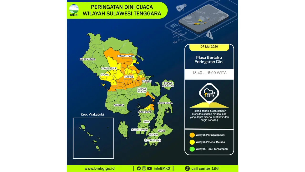 Prakiraan Cuaca Sultra, 7 Mei 2026: Sejumlah Wilayah Berpotensi Hujan Lebat Disertai Petir dan Angin Kencang