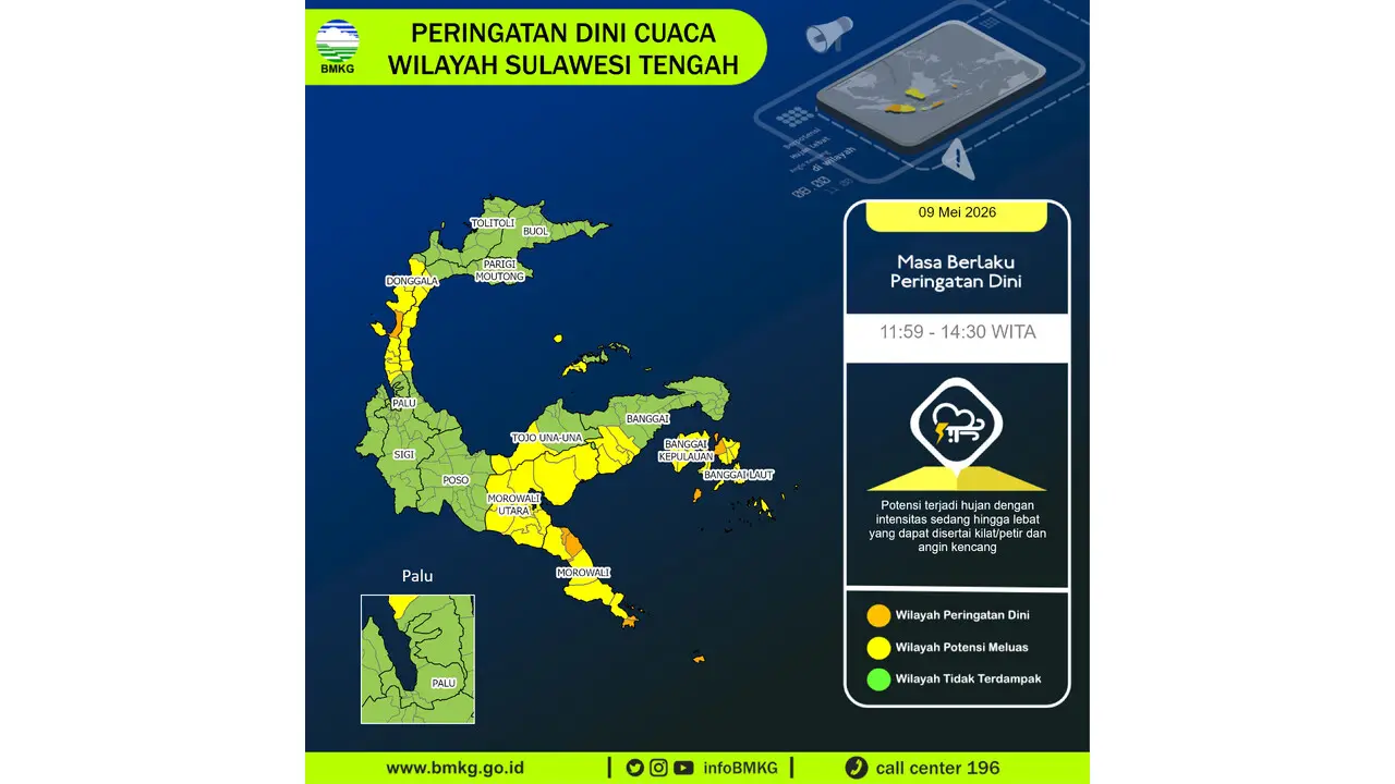 Prakiraan Cuaca Sulteng, 9 Mei 2026: Sejumlah Wilayah Berpotensi Hujan Lebat Disertai Petir dan Angin Kencang
