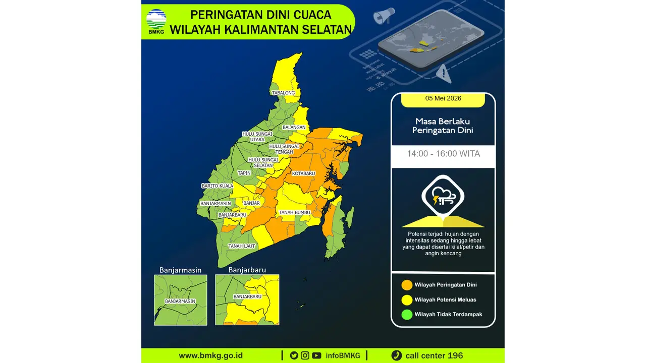 Prakiraan Cuaca Kalsel, 5 Mei 2026: Sejumlah Wilayah Berpotensi Hujan Lebat Disertai Petir dan Angin Kencang