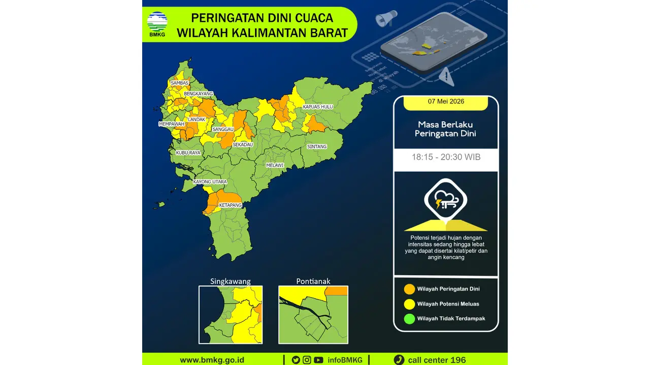 Prakiraan Cuaca Kalbar, 7 Mei 2026: Sejumlah Wilayah Berpotensi Hujan Lebat Disertai Petir dan Angin Kencang