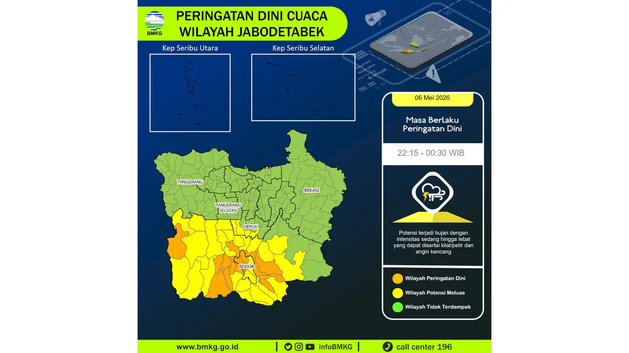 Prakiraan Cuaca Jabodetabek, 6 Mei 2026: Sejumlah Wilayah Berpotensi Hujan Lebat Disertai Petir dan Angin Kencang