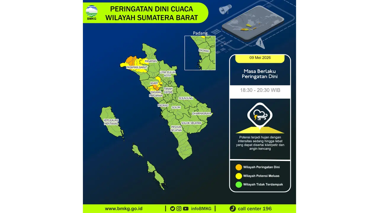 Prakiraan Cuaca Sumbar, 9 Mei 2026: Sejumlah Wilayah Berpotensi Hujan Lebat Disertai Petir dan Angin Kencang