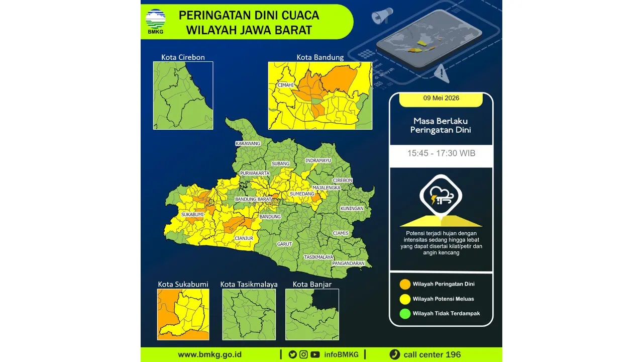 Prakiraan Cuaca Jabar, 9 Mei 2026: Sejumlah Wilayah Berpotensi Hujan Lebat Disertai Petir dan Angin Kencang