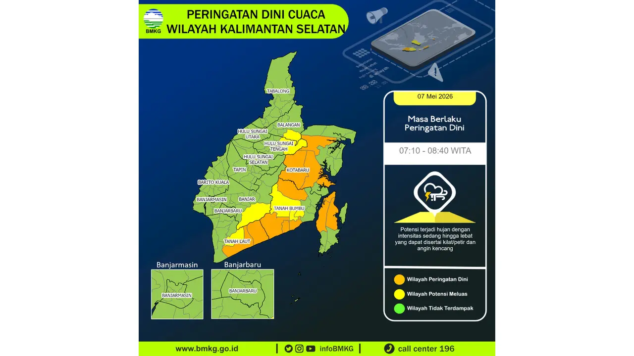Prakiraan Cuaca Kalsel, 7 Mei 2026: Sejumlah Wilayah Berpotensi Hujan Lebat Disertai Petir dan Angin Kencang