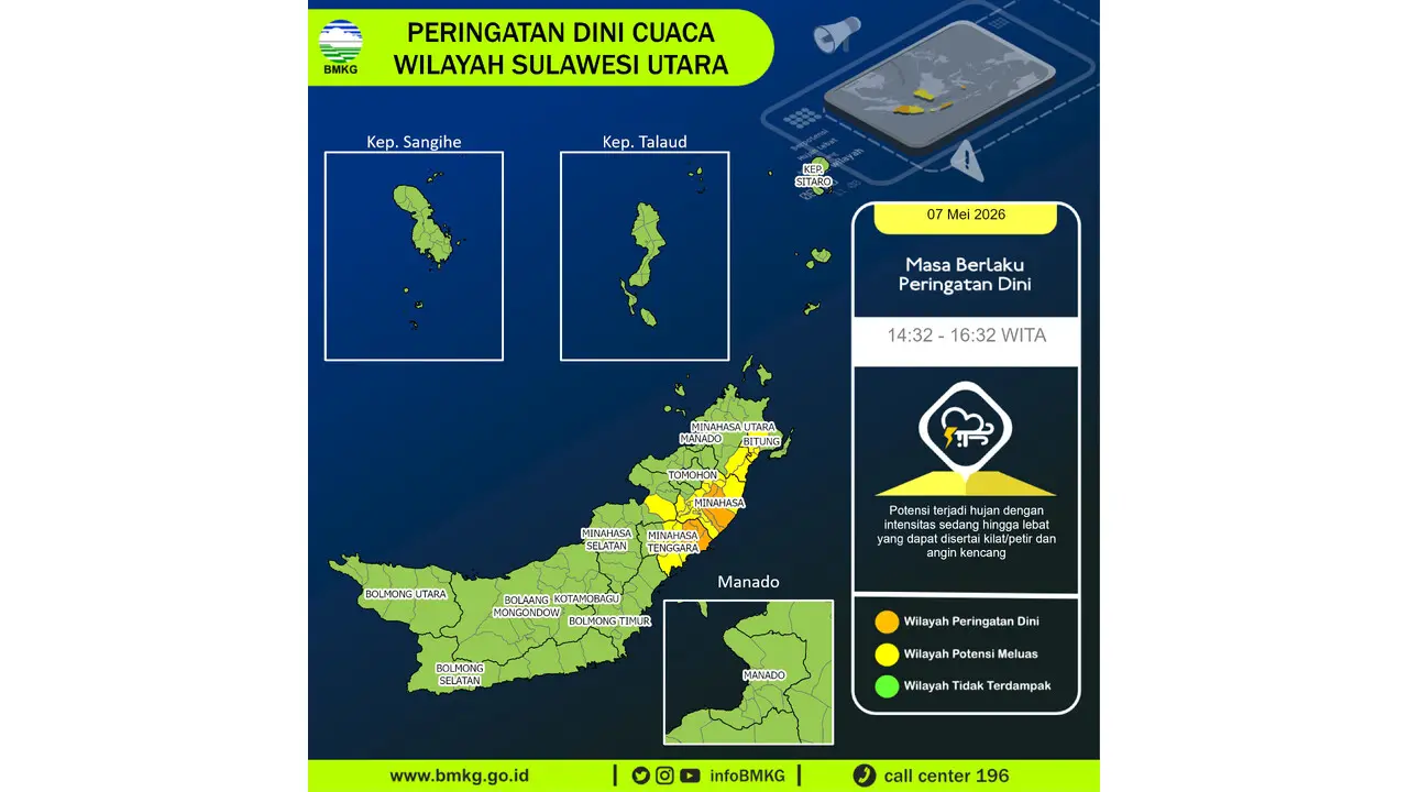 Prakiraan Cuaca Sulut, 7 Mei 2026: Sejumlah Wilayah Berpotensi Hujan Lebat Disertai Petir dan Angin Kencang