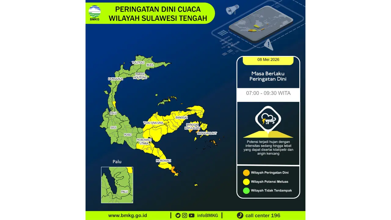 Prakiraan Cuaca Sulteng, 8 Mei 2026: Sejumlah Wilayah Berpotensi Hujan Lebat Disertai Petir dan Angin Kencang