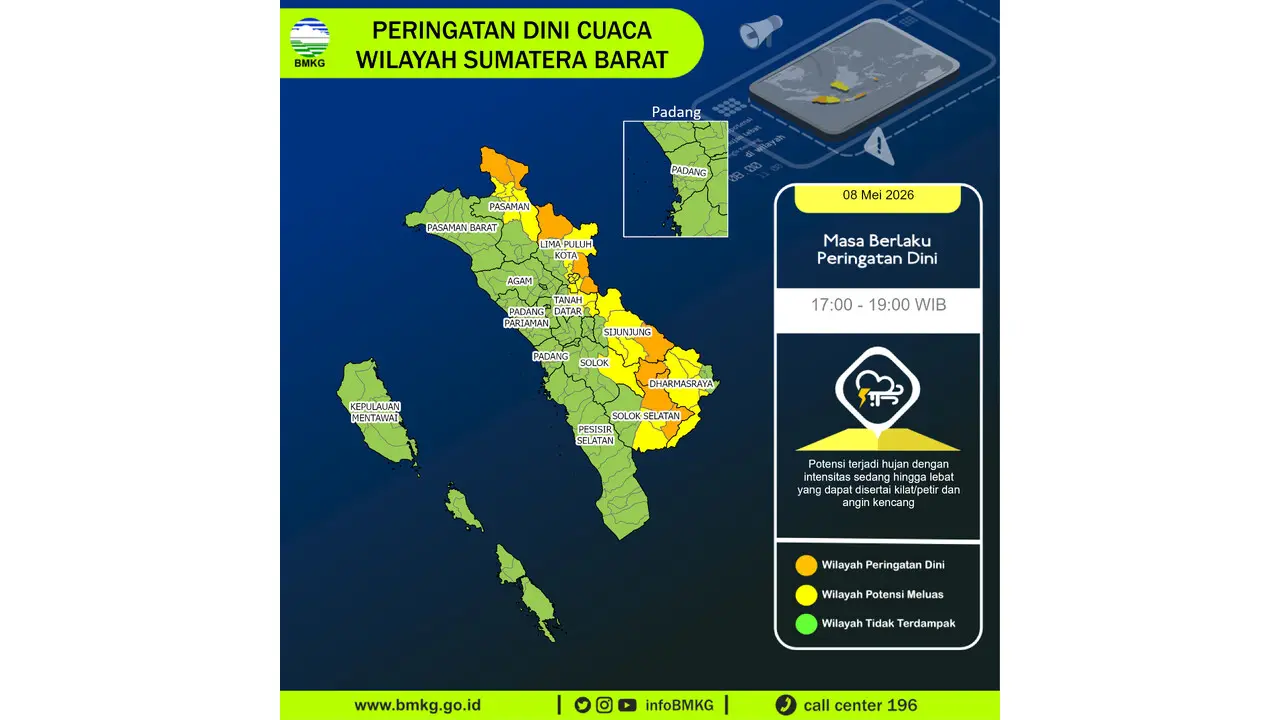Prakiraan Cuaca Sumbar, 8 Mei 2026: Sejumlah Wilayah Berpotensi Hujan Lebat Disertai Petir dan Angin Kencang