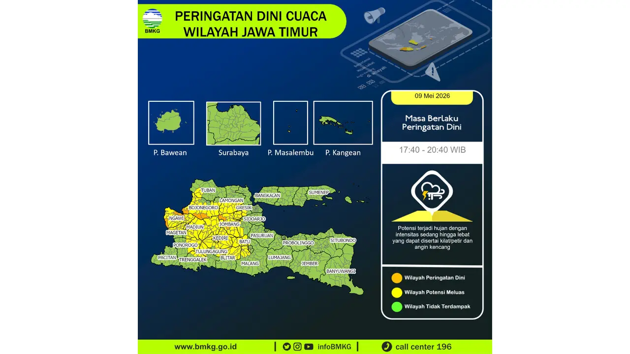 Prakiraan Cuaca Jatim, 9 Mei 2026: Sejumlah Wilayah Berpotensi Hujan Lebat Disertai Petir dan Angin Kencang