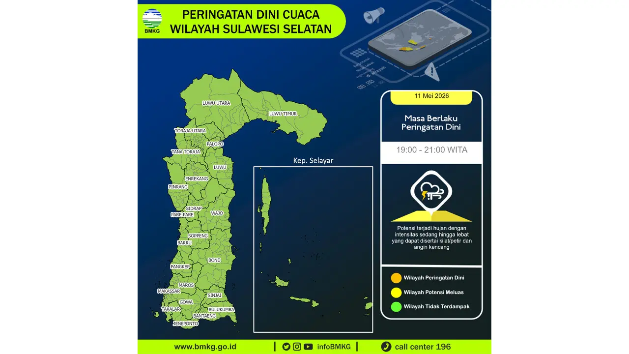 Prakiraan Cuaca Sulsel, 11 Mei 2026: Sejumlah Wilayah Berpotensi Hujan Lebat Disertai Petir dan Angin Kencang