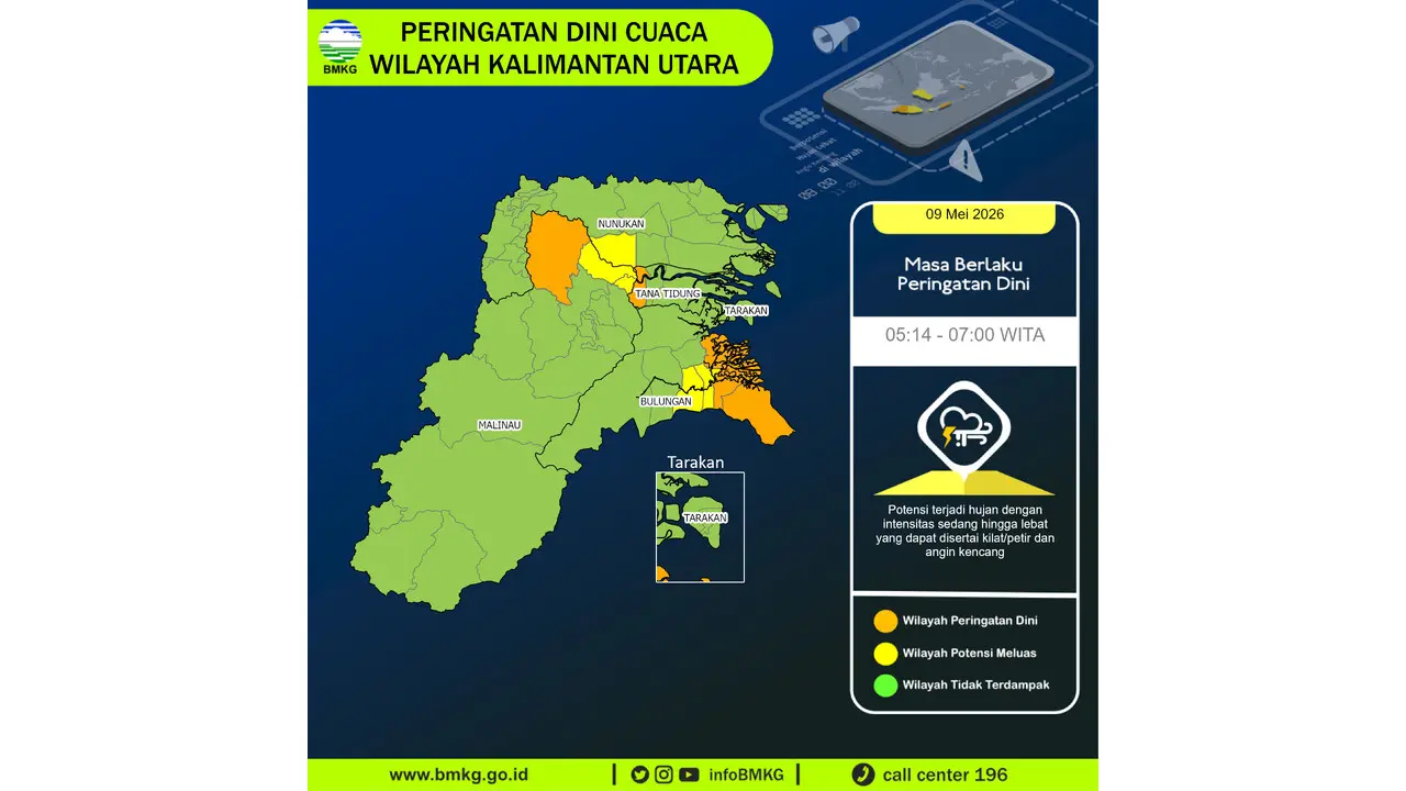 Prakiraan Cuaca Kaltara, 9 Mei 2026: Sejumlah Wilayah Berpotensi Hujan Lebat Disertai Petir dan Angin Kencang
