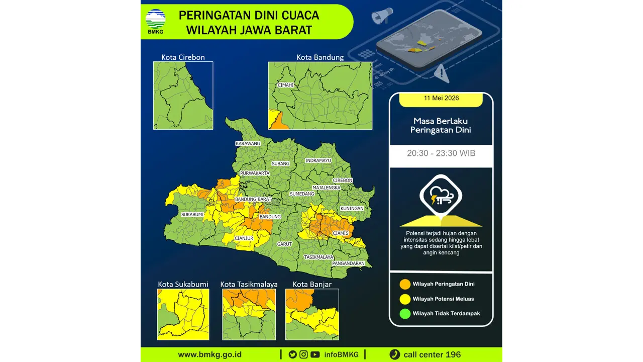 Prakiraan Cuaca Jabar, 11 Mei 2026: Sejumlah Wilayah Berpotensi Hujan Lebat Disertai Petir dan Angin Kencang