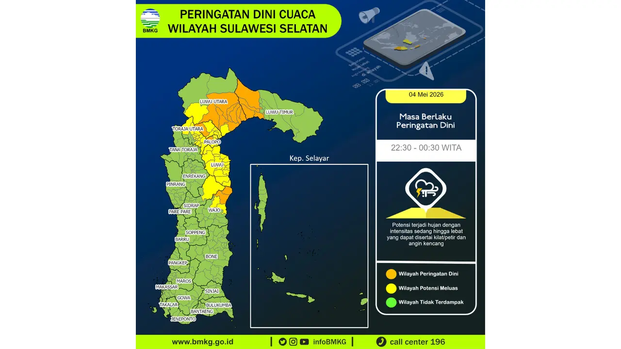 Prakiraan Cuaca Sulsel, 4 Mei 2026: Sejumlah Wilayah Berpotensi Hujan Lebat Disertai Petir dan Angin Kencang