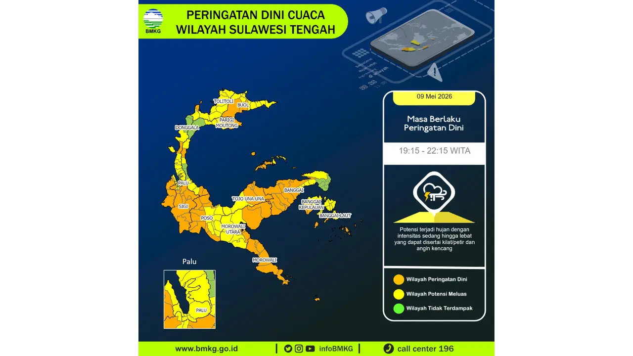 Prakiraan Cuaca Sulteng, 9 Mei 2026: Sejumlah Wilayah Berpotensi Hujan Lebat Disertai Petir dan Angin Kencang