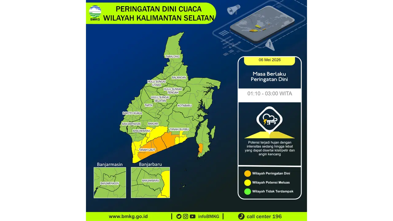 Prakiraan Cuaca Kalsel, 6 Mei 2026: Sejumlah Wilayah Berpotensi Hujan Lebat Disertai Petir dan Angin Kencang