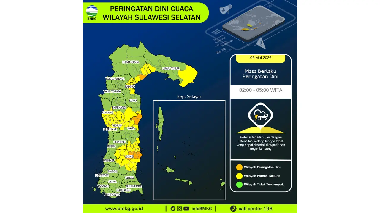 Prakiraan Cuaca Sulsel, 6 Mei 2026: Sejumlah Wilayah Berpotensi Hujan Lebat Disertai Petir dan Angin Kencang