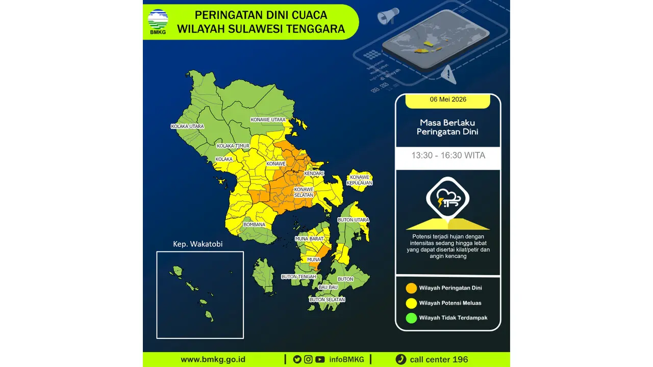 Prakiraan Cuaca Sultra, 6 Mei 2026: Sejumlah Wilayah Berpotensi Hujan Lebat Disertai Petir dan Angin Kencang