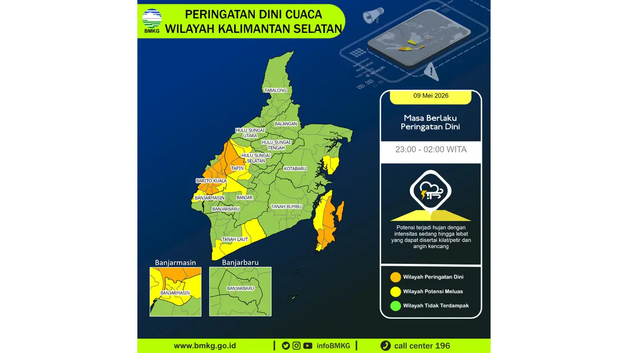 Prakiraan Cuaca Kalsel, 9 Mei 2026: Sejumlah Wilayah Berpotensi Hujan Lebat Disertai Petir dan Angin Kencang