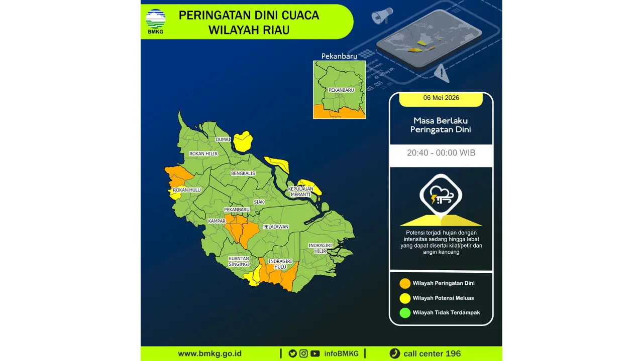 Prakiraan Cuaca Riau, 6 Mei 2026: Sejumlah Wilayah Berpotensi Hujan Lebat Disertai Petir dan Angin Kencang