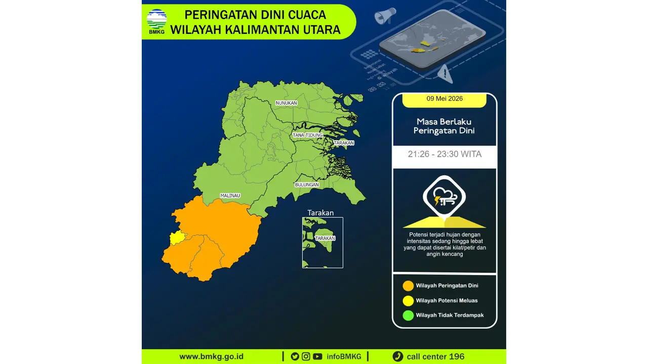 Prakiraan Cuaca Kaltara, 9 Mei 2026: Sejumlah Wilayah Berpotensi Hujan Lebat Disertai Petir dan Angin Kencang