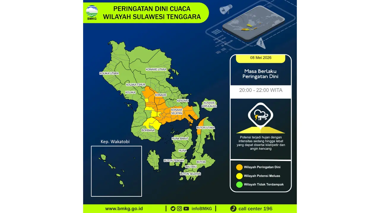 Prakiraan Cuaca Sultra, 8 Mei 2026: Sejumlah Wilayah Berpotensi Hujan Lebat Disertai Petir dan Angin Kencang
