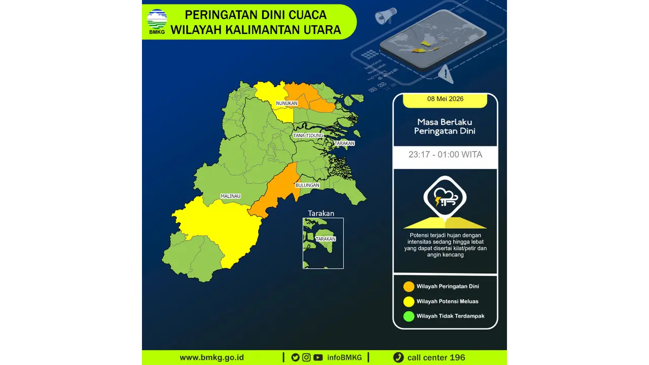 Prakiraan Cuaca Kaltara, 8 Mei 2026: Sejumlah Wilayah Berpotensi Hujan Lebat Disertai Petir dan Angin Kencang