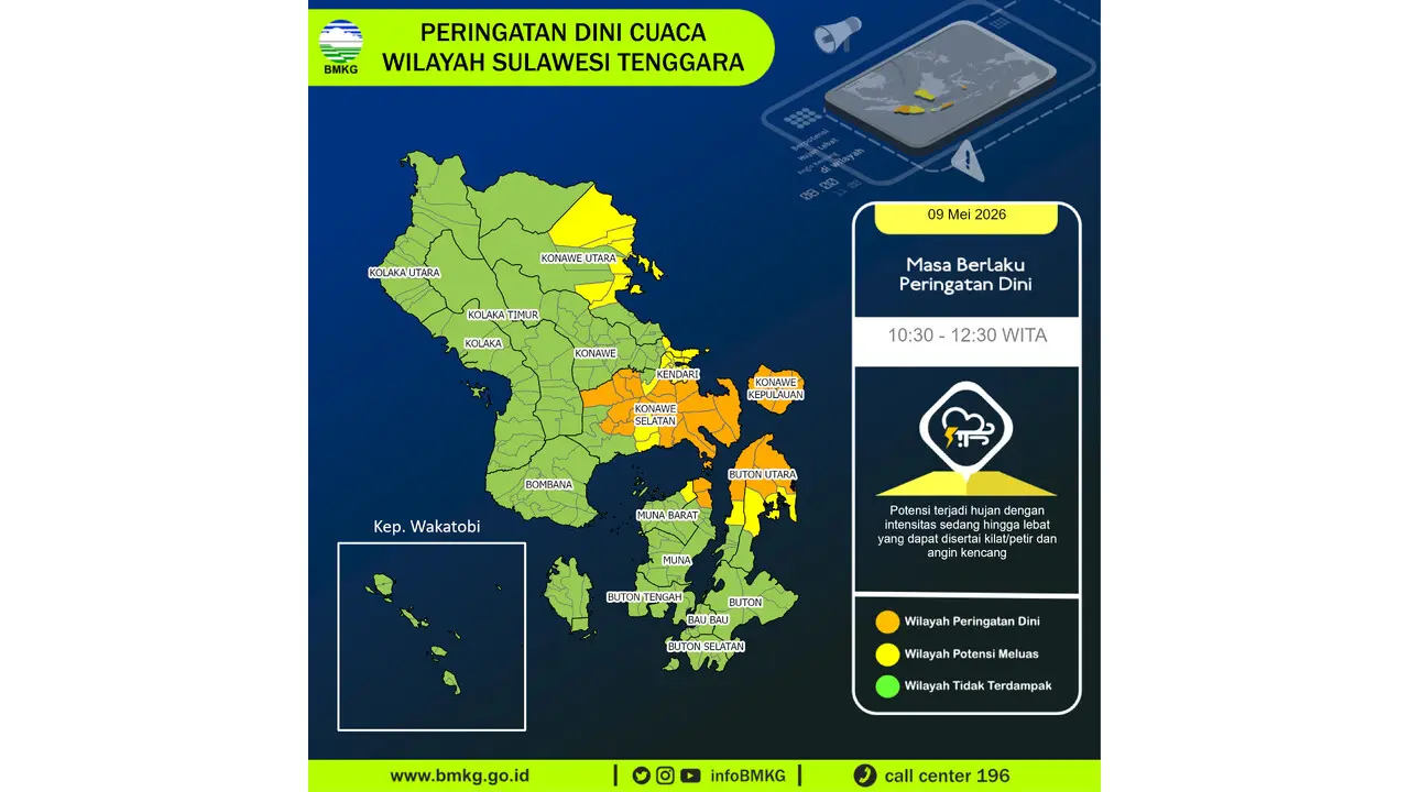 Prakiraan Cuaca Sultra, 9 Mei 2026: Sejumlah Wilayah Berpotensi Hujan Lebat Disertai Petir dan Angin Kencang