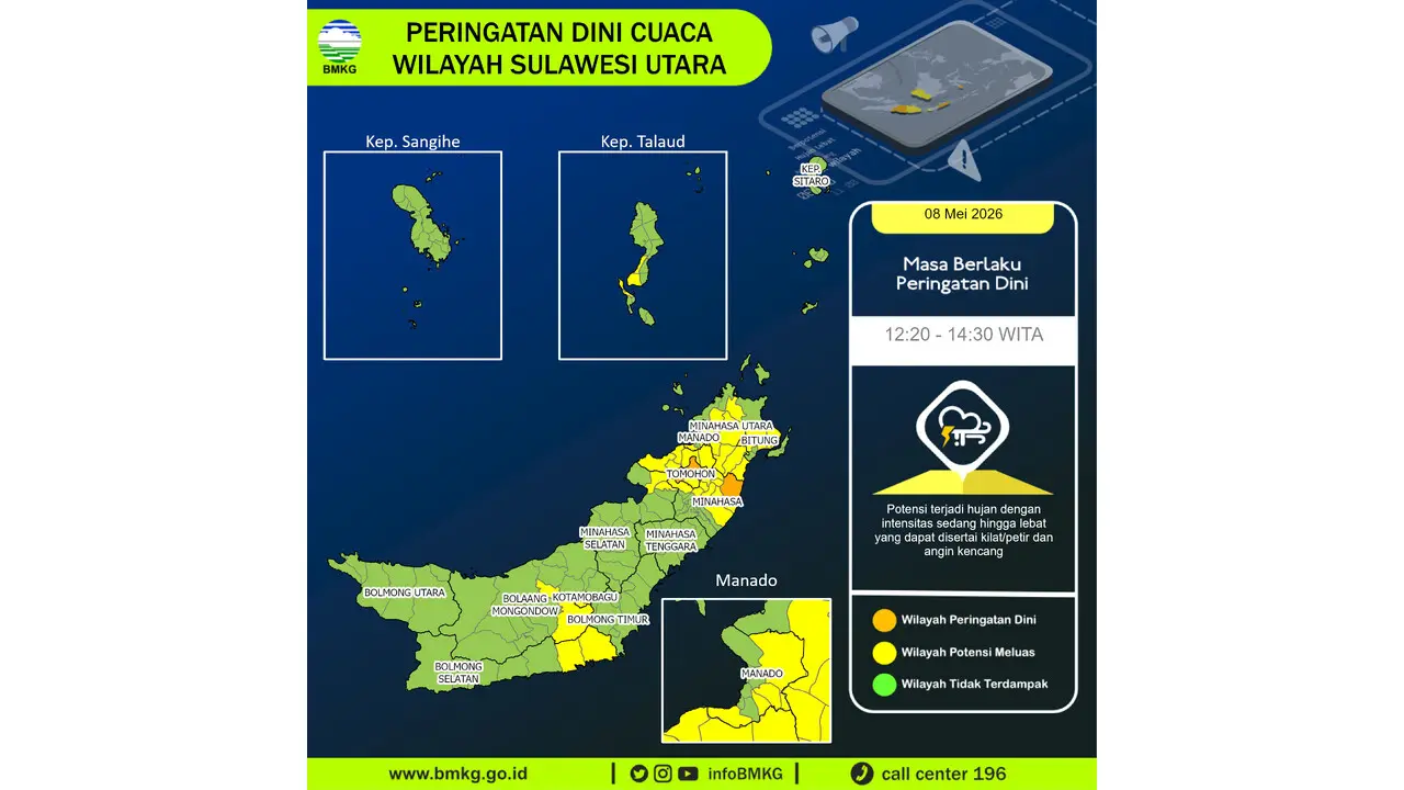 Prakiraan Cuaca Sulut, 8 Mei 2026: Sejumlah Wilayah Berpotensi Hujan Lebat Disertai Petir dan Angin Kencang