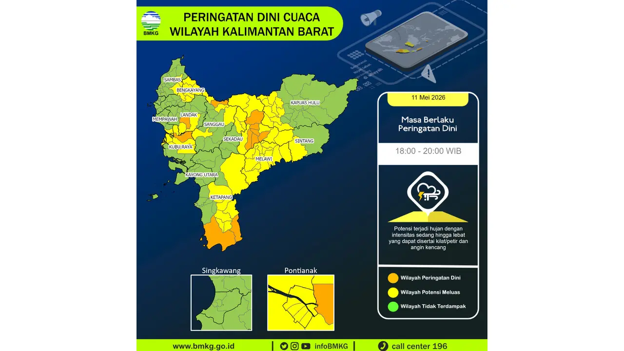 Prakiraan Cuaca Kalbar, 11 Mei 2026: Sejumlah Wilayah Berpotensi Hujan Lebat Disertai Petir dan Angin Kencang