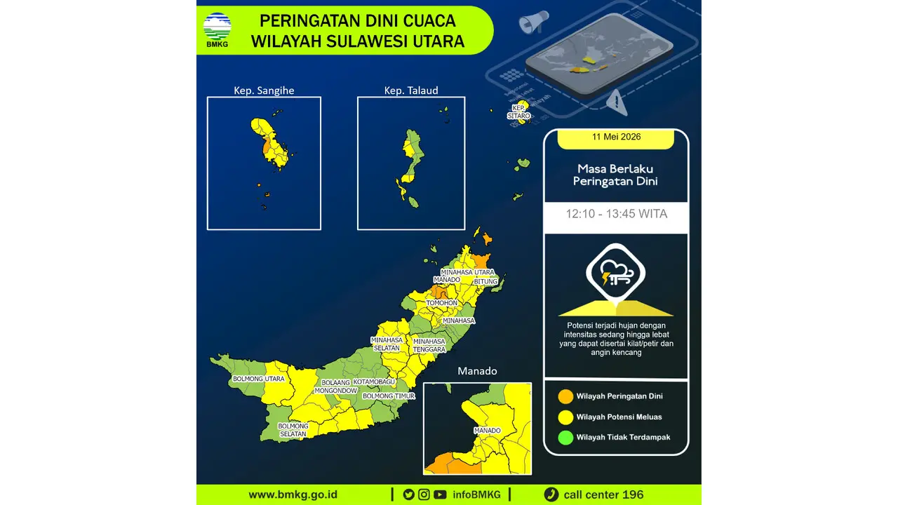 Prakiraan Cuaca Sulut, 11 Mei 2026: Sejumlah Wilayah Berpotensi Hujan Lebat Disertai Petir dan Angin Kencang