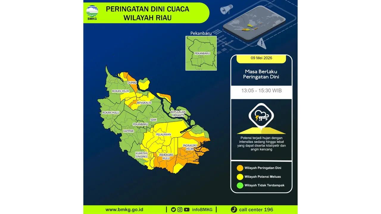 Prakiraan Cuaca Riau, 9 Mei 2026: Sejumlah Wilayah Berpotensi Hujan Lebat Disertai Petir dan Angin Kencang