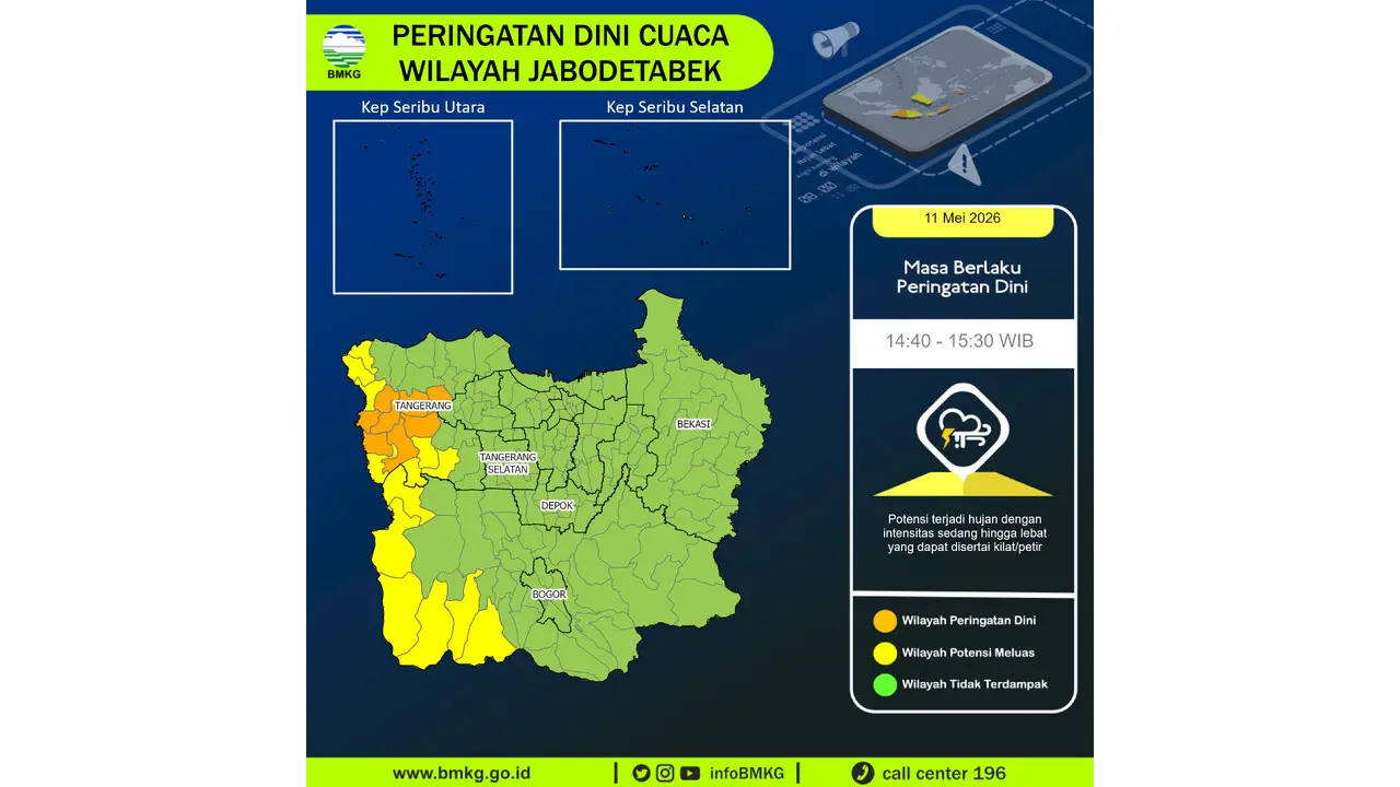 Prakiraan Cuaca Jabodetabek, 11 Mei 2026: Sejumlah Wilayah Berpotensi Hujan Lebat Disertai Petir