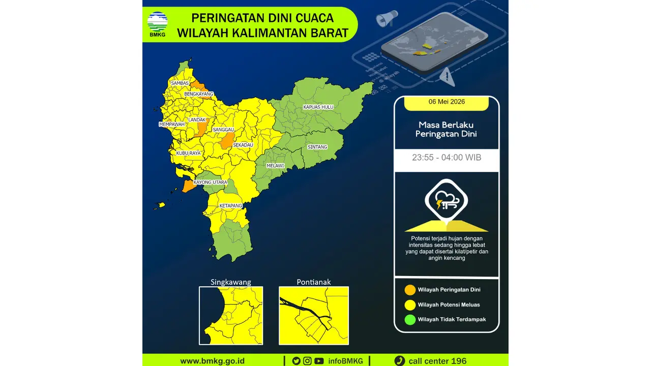 Prakiraan Cuaca Kalbar, 6 Mei 2026: Sejumlah Wilayah Berpotensi Hujan Lebat Disertai Petir dan Angin Kencang