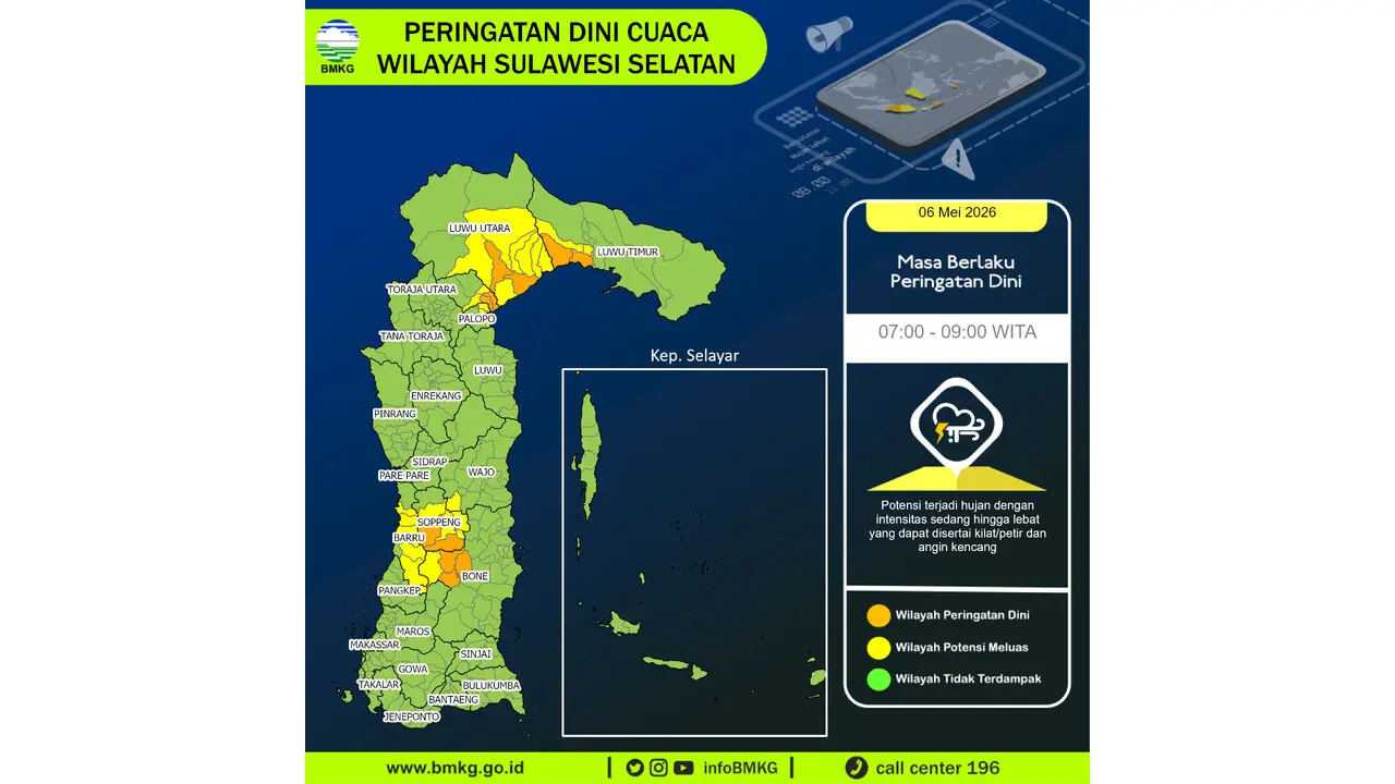 Prakiraan Cuaca Sulsel, 6 Mei 2026: Sejumlah Wilayah Berpotensi Hujan Lebat Disertai Petir dan Angin Kencang