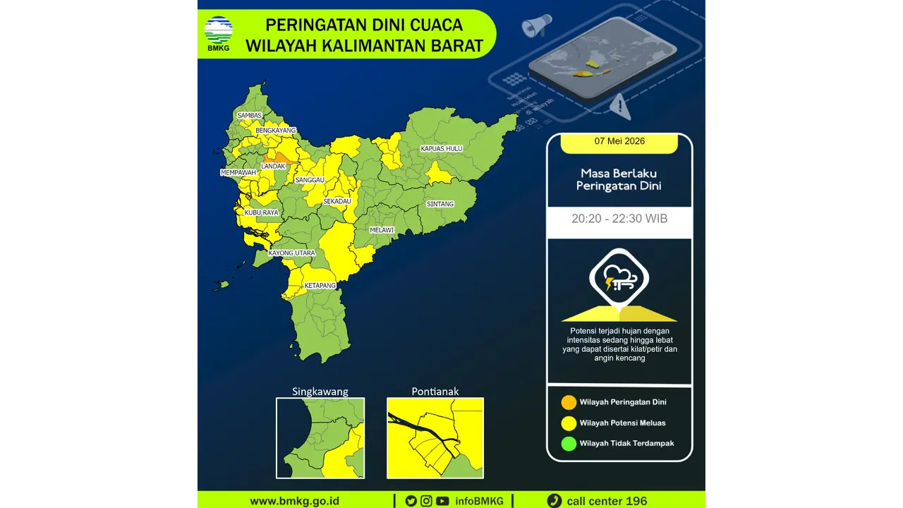 Prakiraan Cuaca Kalbar, 7 Mei 2026: Sejumlah Wilayah Berpotensi Hujan Lebat Disertai Petir dan Angin Kencang