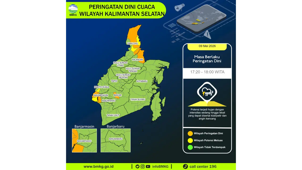 Prakiraan Cuaca Kalsel, 9 Mei 2026: Sejumlah Wilayah Berpotensi Hujan Lebat Disertai Petir dan Angin Kencang