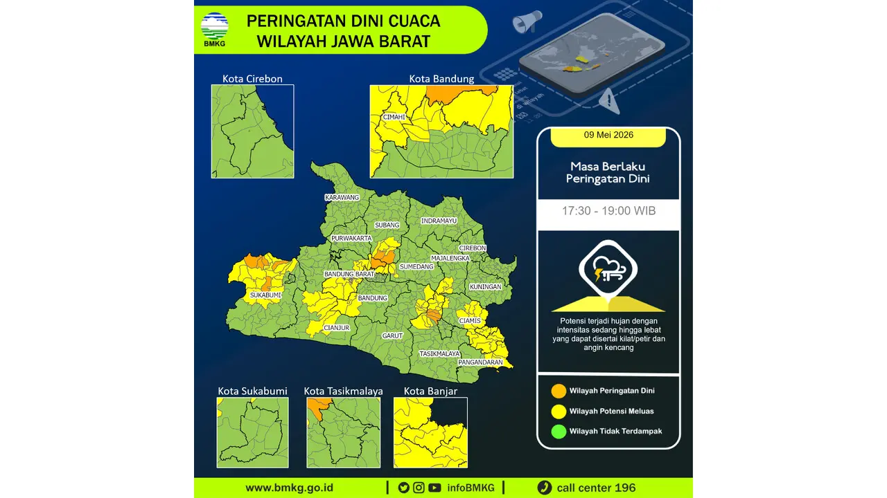 Prakiraan Cuaca Jabar, 9 Mei 2026: Sejumlah Wilayah Berpotensi Hujan Lebat Disertai Petir dan Angin Kencang