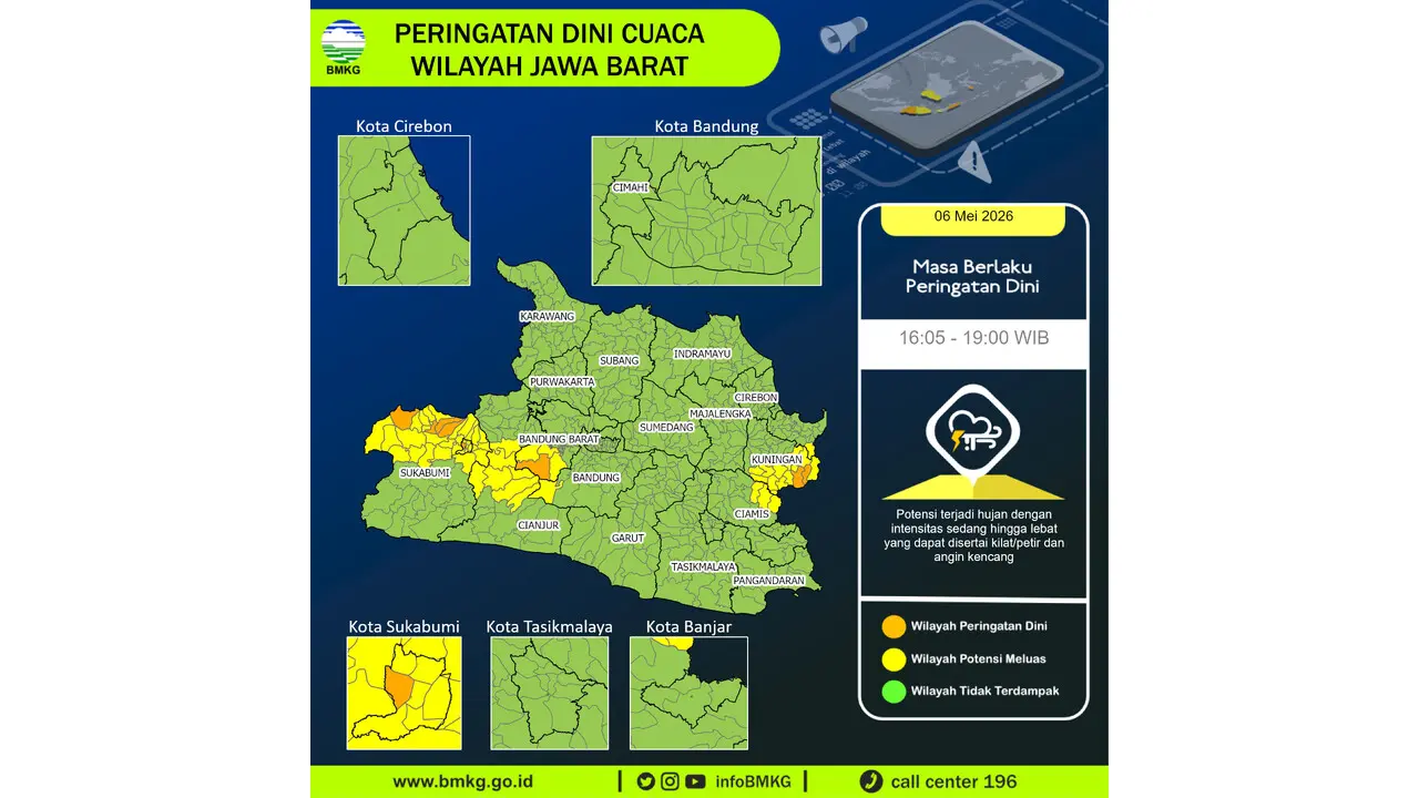 Prakiraan Cuaca Jabar, 6 Mei 2026: Sejumlah Wilayah Berpotensi Hujan Lebat Disertai Petir dan Angin Kencang